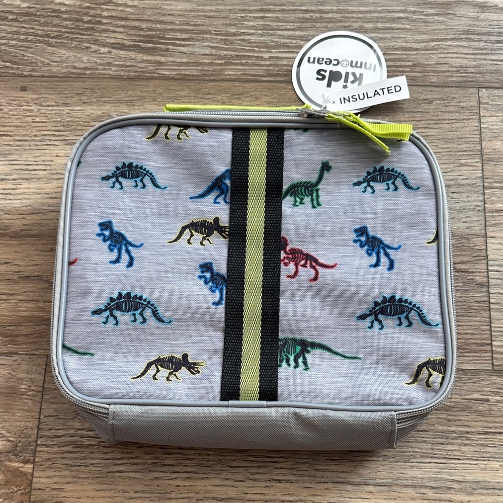 Dinosaur Pattern Kids Lunch Bag - Gray with Multicolor Accents